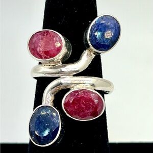 Handmade Ruby and Sapphire Wrap Ring Marked 925, Size 7